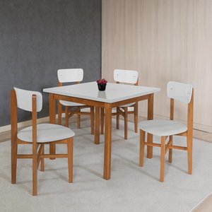 Conjunto Mesa de Jantar Base Madeira Maciça com 4 Cadeiras Elisa Ideal para Apartamenteo 90x90 Off-w