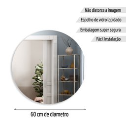 Espelho Decorativo Redondo Lapidado 60cm diâmetro Moderno - com suporte para fixação - 3