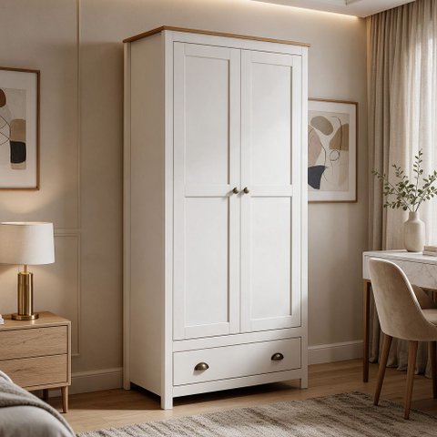 Guarda Roupa Solteiro 2 Portas 1 Gaveta Madeira Maciça Mazzaro F06 Branco Freijó - Lyam Decor