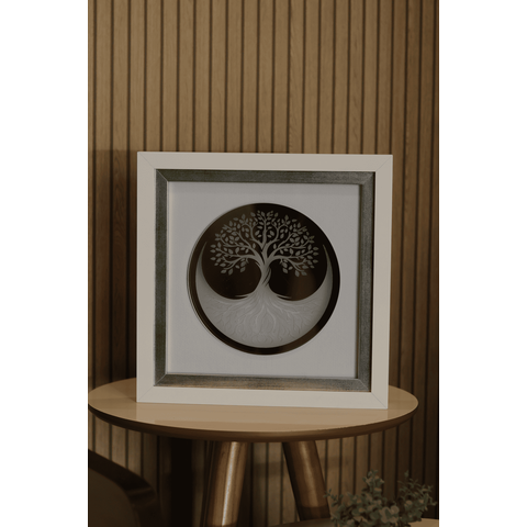Quadro Decorativo Árvore da Vida Felicidade 33x33cm Led Prata Moldura Branca Vidro