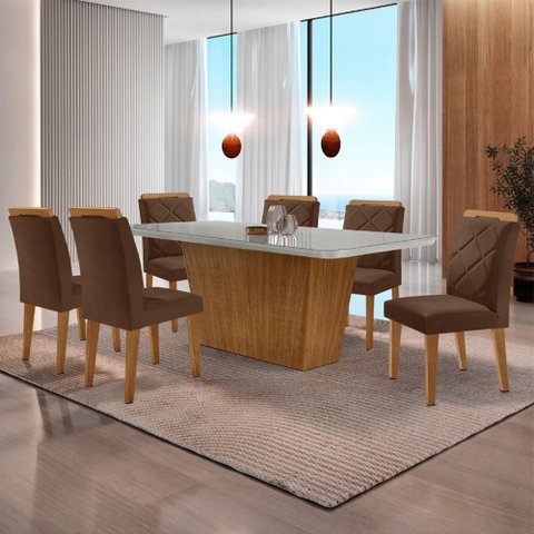 Mesa para Sala de Jantar Aida 180cm Mdf Canto Copo com Vidro e 6 Cadeiras Melissa