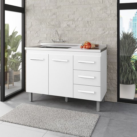 Balcão para Pia Bianca sem Tampo 120 cm 2 Portas 3 Gavetas Moblis: Branco