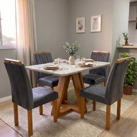 Conjunto Mesa de Jantar com 4 Cadeiras Estofadas e Tampo de Vidro 120x79x90cm