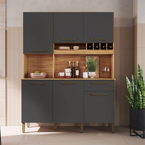 Cozinha Compacta Pinot 6 Portas 1 Gaveta 100% MDF Amêndoa/Chumbo - Rio Doce