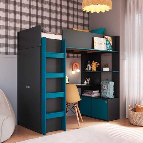 Cama Infantil 196,2cm com Guarda Roupa Balcão e Escrivaninha Cor:grafite com Azul Secreto