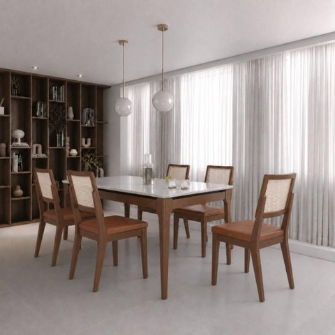 Conjunto de Jantar Mesa 1,60 com Vidro Addar 6 Cadeiras Saga - Caramelo