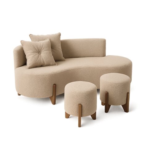 Conjunto Sofá Curvo Orgânico + 02 Puff Luna Boucle Bege - Montanaris Decor