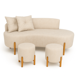 Conjunto  Sofá Curvo Orgânico + 02 Puff  Luna Boucle Bege - Montanaris Decor - 1