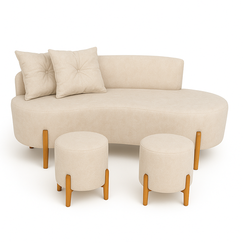 Conjunto  Sofá Curvo Orgânico + 02 Puff  Luna Boucle Bege - Montanaris Decor