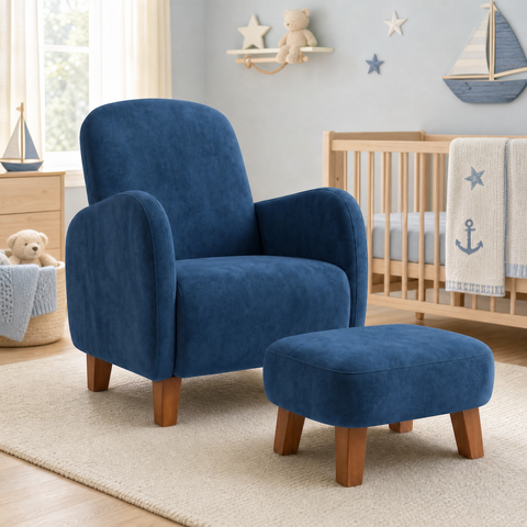 Poltrona Amamentação Viena Suede + Puff Macio Quarto Bebe:Azul Marinho