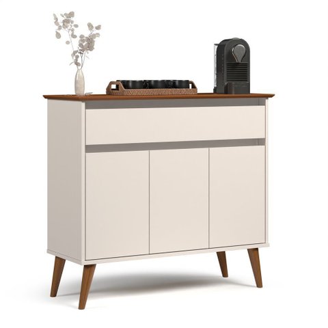 Aparador Buffet Zeus 93cm 3 Portas Gaveta Sala de Jantar MDF: Off White/Freijo