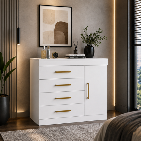 Cômoda 4 Gavetas 1 Porta Romênia Branco - Mademovel