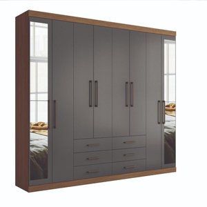 Guarda Roupa Roupeiro Quarto Dormitório Solteiro Casal Master 8.6 com Espelho Marrom Madeira Cinza