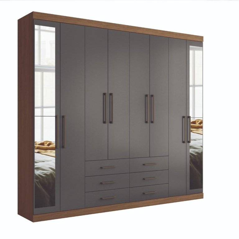 Guarda Roupa Roupeiro Quarto Dormitório Solteiro Casal Master 8.6 com Espelho Marrom Madeira Cinza