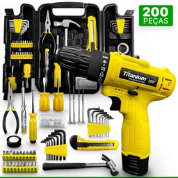 Kit Parafusadeira Furadeira 12v Sem Fio Com Jogo Maleta De Ferramentas 200 Peças - 1