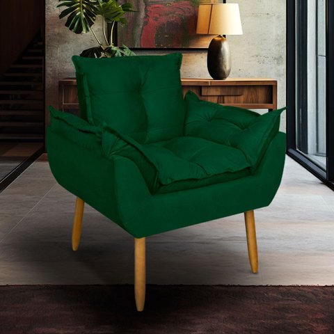 Poltrona Opala para Sala Clínica Salão Pés de Madeira Suede Verde