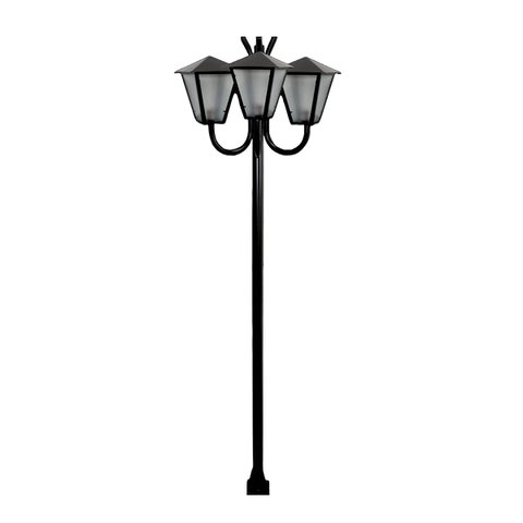 Poste Braço Curvo Luminária Romana Tripla Jardim Preto 200cm Ouro Minas