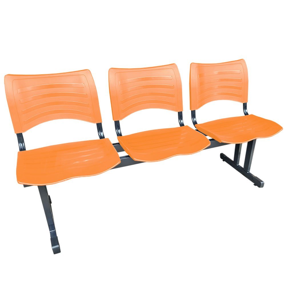 Longarina Cadeira 3 Lugares Iso Plástica Coluna Dupla Para Recepção Auditório Igrejas Laranja