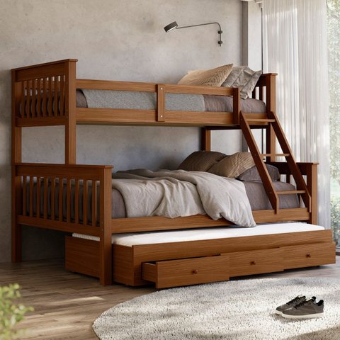 Beliche Casal Madeira Maciça Reforçada + Cama Aux Solteiro Gav:Castanho