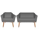 Ver imagem 1 de Kit Namoradeira + 1 Poltrona Decorativa Agatha Suede Cinza Pés Madeira Ms Decor