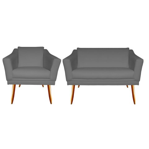 Kit Namoradeira + 1 Poltrona Decorativa Agatha Suede Cinza Pés Madeira Ms Decor