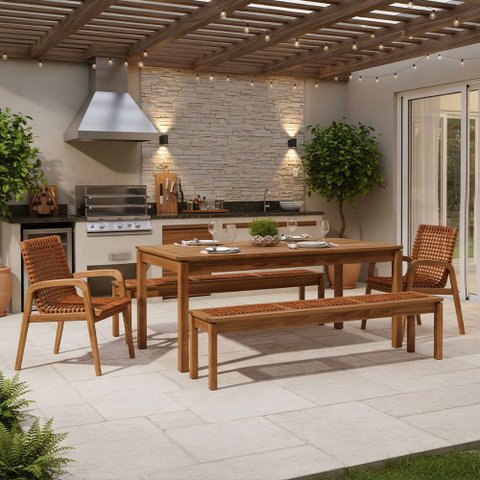 Mesa de Jantar com 02 Bancos de Madeira e 02 Cadeiras com Braço Trammare C07 Corda Ocre - Lyam Decor