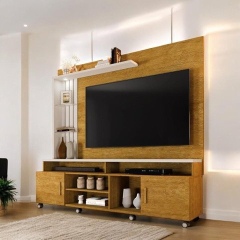 Home Theater Wave para Tvs até 65 180cm em MDF MDP com LED Naturalle e Off White Carmolar Móveis