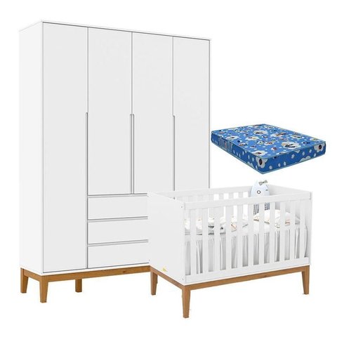 Berço Americano Unique e Guarda Roupa 4 Portas Nature Clean Branco Soft Eco Wood e Colchão