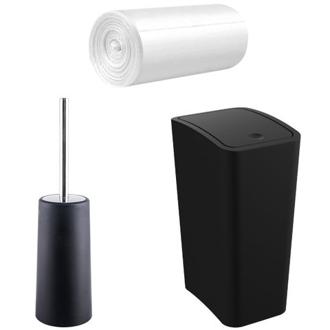 Lixeira 8l com Tampa Click Retangular + Escova Sanitária com Suporte + Refil Saco de Lixo 39x50cm Co
