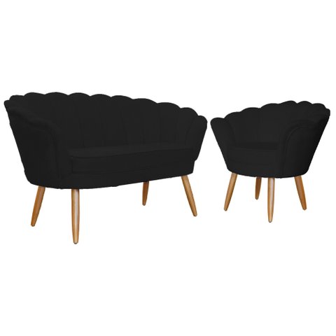 Kit Namoradeira + 1 Poltrona Decorativa Pétala Couro Preto Pés Madeira Mz Decor