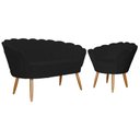 Ver imagem 1 de Kit Namoradeira + 1 Poltrona Decorativa Pétala Couro Preto Pés Madeira Mz Decor