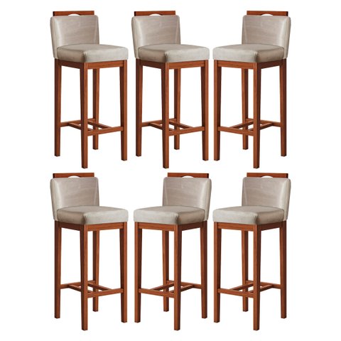 Kit 6 Banquetas Média Gourmet para Cozinha 38x92 Cm Líbia Madeira Maciça Suede Bege CCS