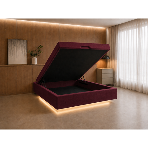 Cama Box Baú Casal Flutuante com LED, Encaixe para Colchão e Puxador Embutido:Bordô