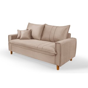 Sofa Living com Bau Multiuso 3 Lugares Suede Pes em Madeira: Bege