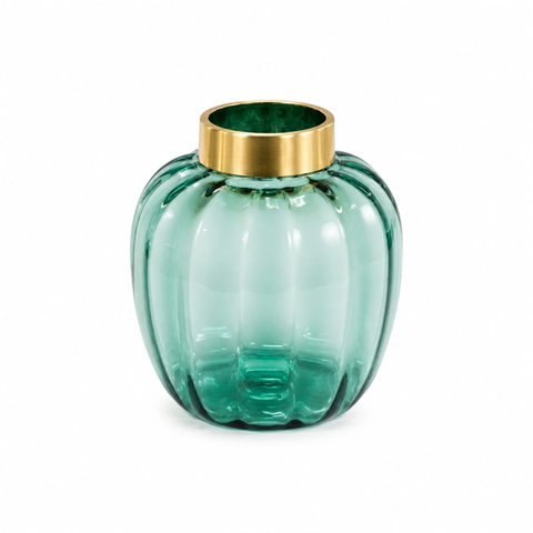 Vaso Decorativo Vidro Gomado - Verde Esmeralda - Borda Metal Dourada