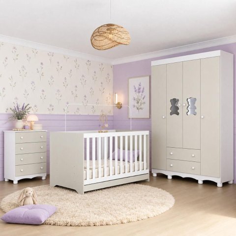 Quarto de Bebê Completo com Berço Americano 3 em 1 e Colchão Incluso Flor Multimóveis MP4930