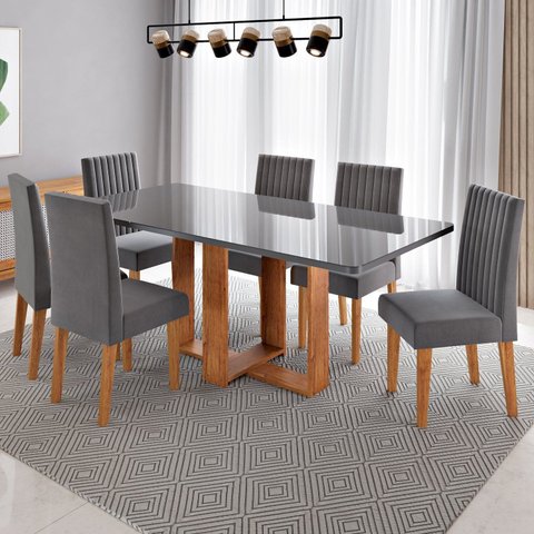 Conjunto Sala de Jantar 6 Lugares Retangular Tampo Vidro e MDF Victoria Cinza/Mel