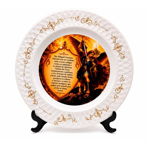 Prato Decorativo de Porcelana São Miguel Arcanjo com Suporte Oração de Proteção