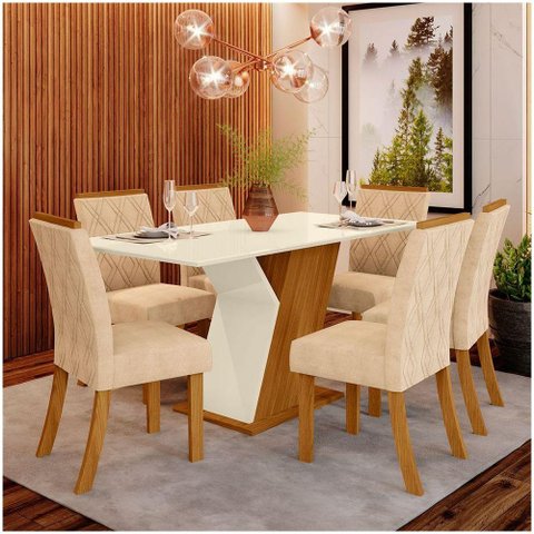 Conjunto Sala De Jantar Mesa 160cm 6 Cadeiras Lupita Casa 812 Nature Off White E Linho