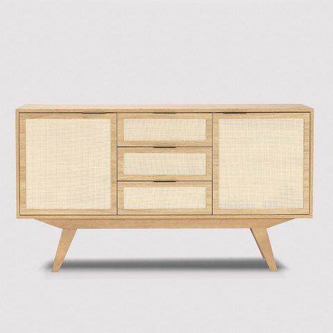 Balcão Alia 2 Portas 3 Gavetas 100 % MDF Pés de Madeira 135 cm X 36 cm  Tauari - Telinha Rattan