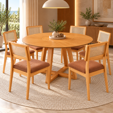 Kit Mesa de Jantar Redonda 130cm Tampo Giratório 6 Cadeiras Estofadas Encosto Tela Carvalho Rose/Ter