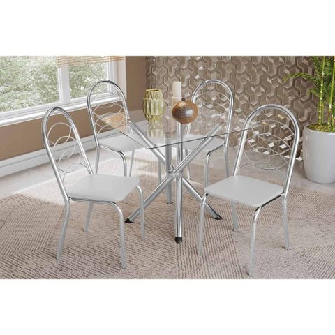 Kit 4 Cadeiras Sala Jantar Volga C/ Tampo de Vidro 90cm e 4 Cadeiras Holanda Cromada - Courano