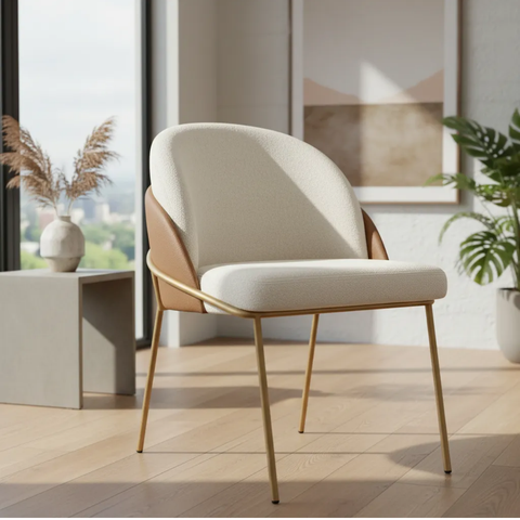 Cadeira Poltrona Decorativa Nuvem Premium Orgânico:bouclé Off White Courino Sintético Marrom