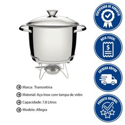 Rechaud Tramontina Allegra em Aço Inox Fundo Triplo com Fogareiro e Tampa de Vidro 7,8 L 65650684 - 2