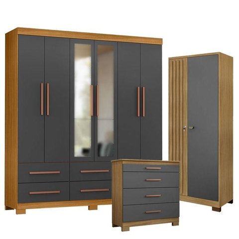 Guarda Roupa Casal New Kansas com Espelho com Cõmoda 4 Gavetas New e Armário Multiuso Versatile