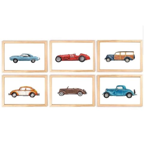 Quadro Infantil Carros 6 un A4 vidro e pendurador