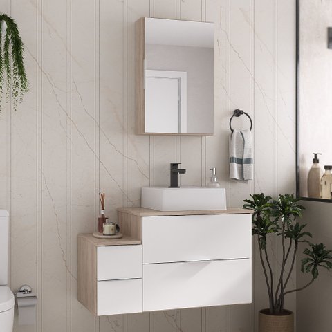 Conjunto Gabinete Banheiro Nivus 80cm (armário + Cuba + Espelheira) Madeirado / Branco
