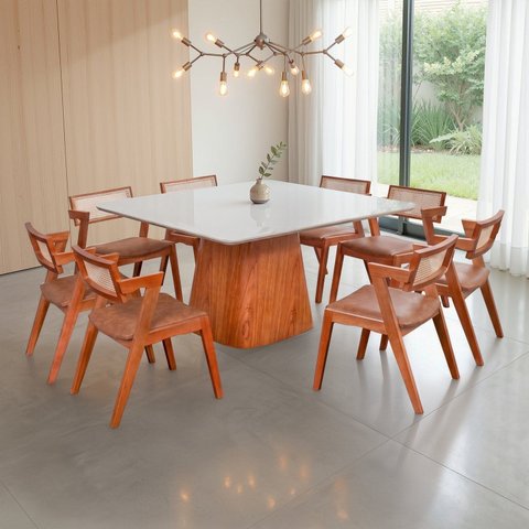 Conjunto Mesa Bérgamo e 8 Cadeiras Madeira Maciça, Rattan Natural e Estofada Verona Courino Marrom
