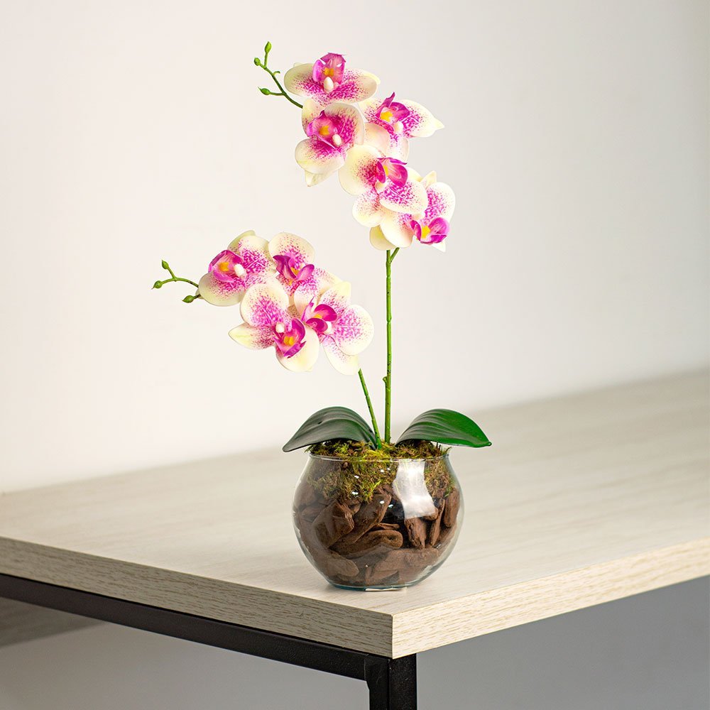 Arranjo de Orquídea Média Artificial Off White Mesclado no Vaso de Vidro Beng Flores