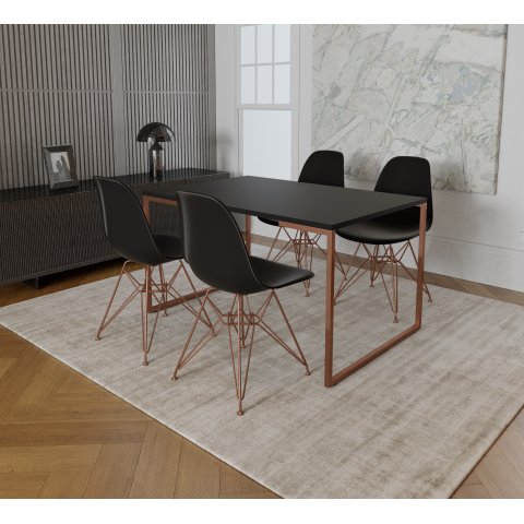 Mesa Industrial Base Ferro Cobre Tampo 137x90 Preto 4 Cadeiras Eames Ferro Cobre Assento Preto